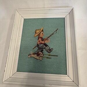 Vintage Framed NeedlePoint Boy Fishing‎ Puppy Dog 10.5x12" White Green No Glass